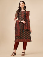 Printed And Embroidered Kurta With Pant & Dupatta Set, Multicolor - Hiral Fashion - Distacart