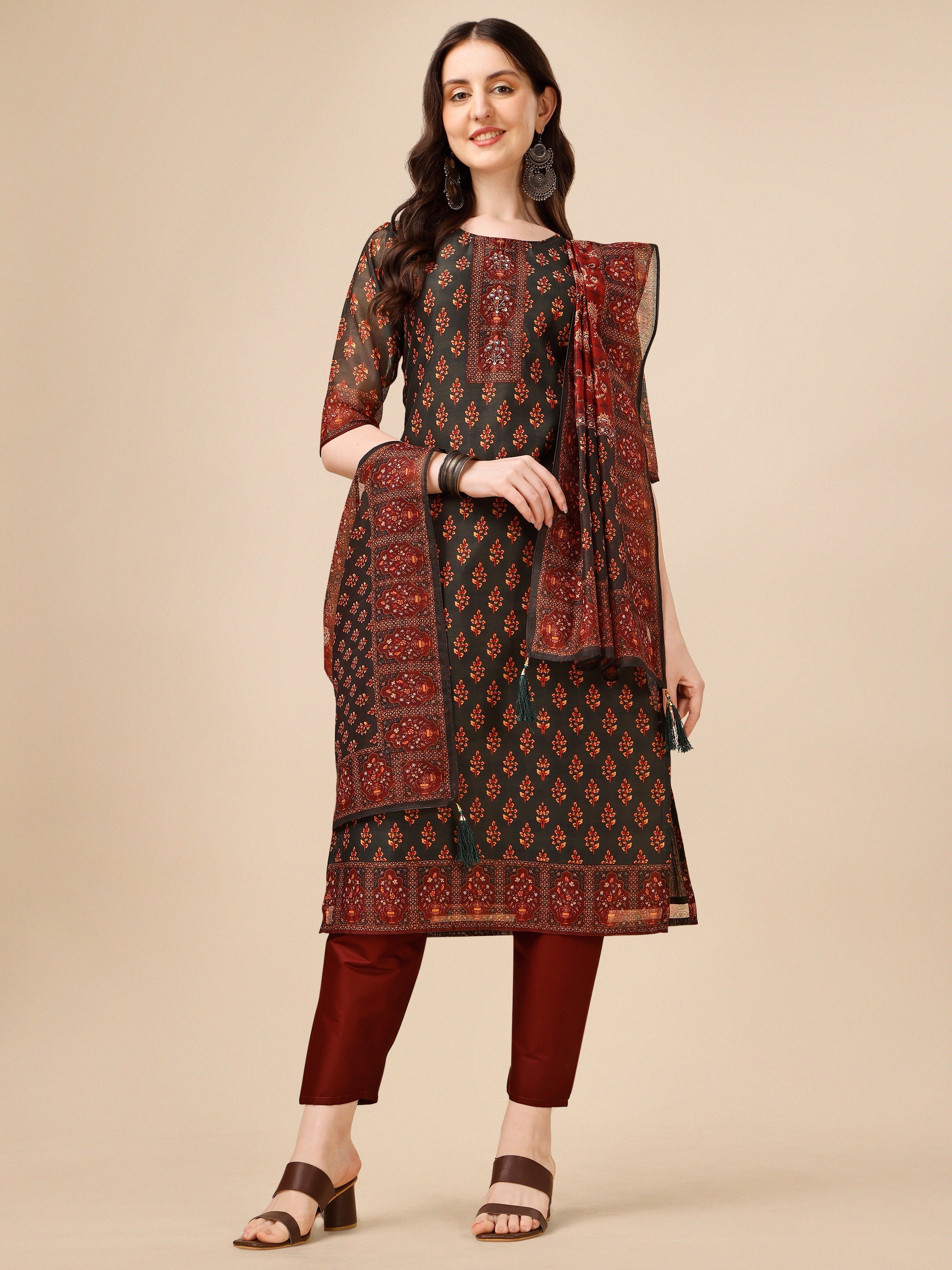 Printed And Embroidered Kurta With Pant & Dupatta Set, Multicolor - Hiral Fashion - Distacart