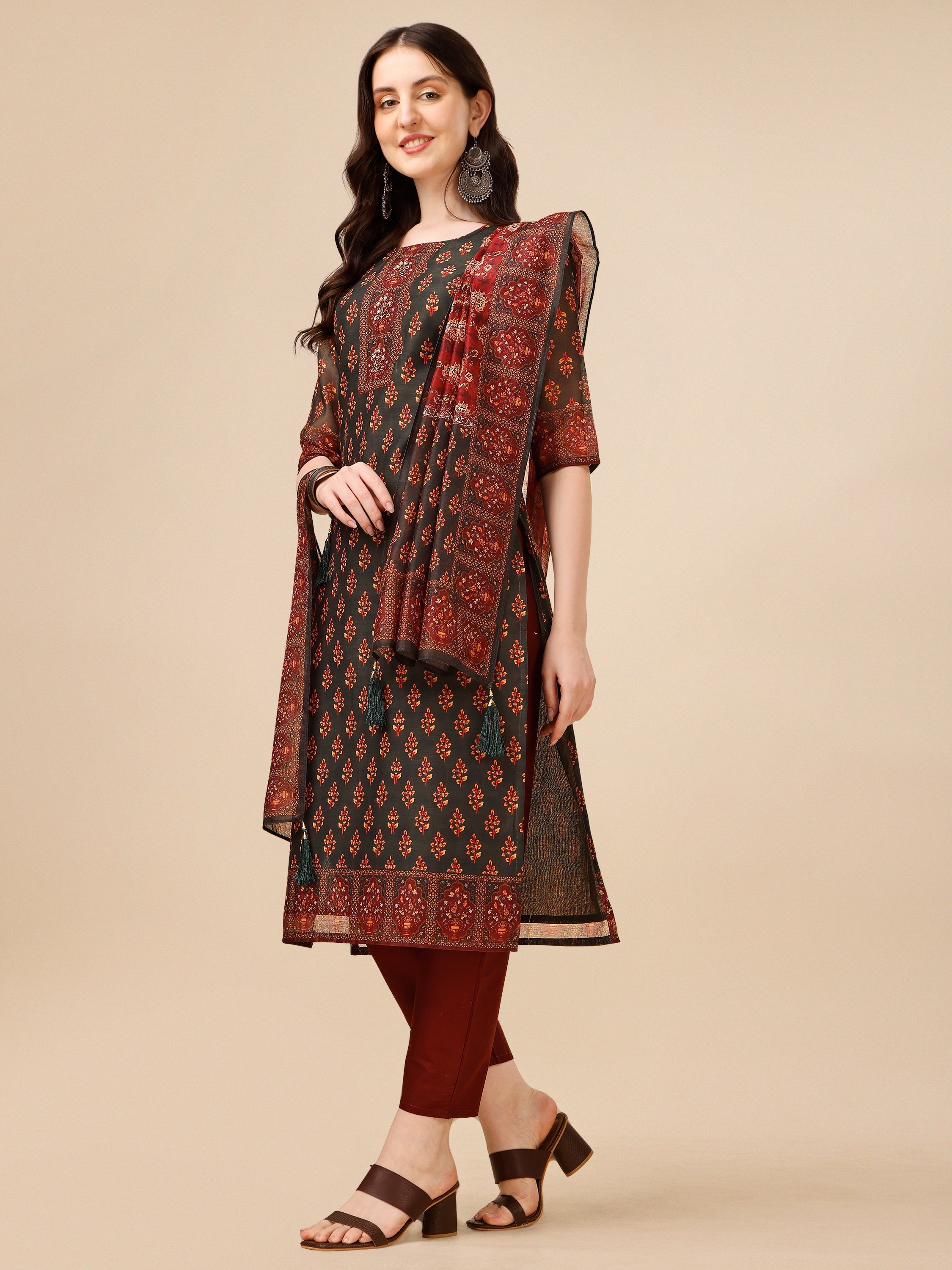 Printed And Embroidered Kurta With Pant & Dupatta Set, Multicolor - Hiral Fashion - Distacart