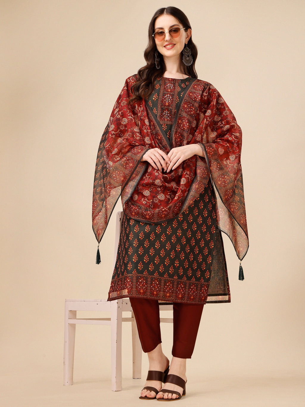Printed And Embroidered Kurta With Pant & Dupatta Set, Multicolor - Hiral Fashion - Distacart