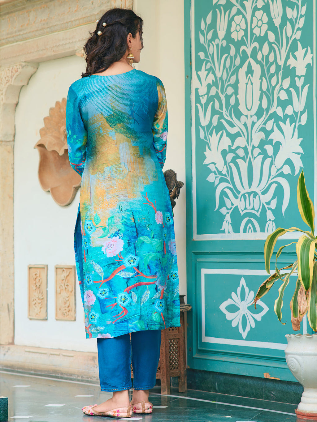 Hand Embroidered & Digital Printed Muslin Kurta With Pant & Printed Dupatta, Blue - Hiral Fashion - Distacart