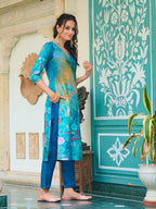 Hand Embroidered & Digital Printed Muslin Kurta With Pant & Printed Dupatta, Blue - Hiral Fashion - Distacart
