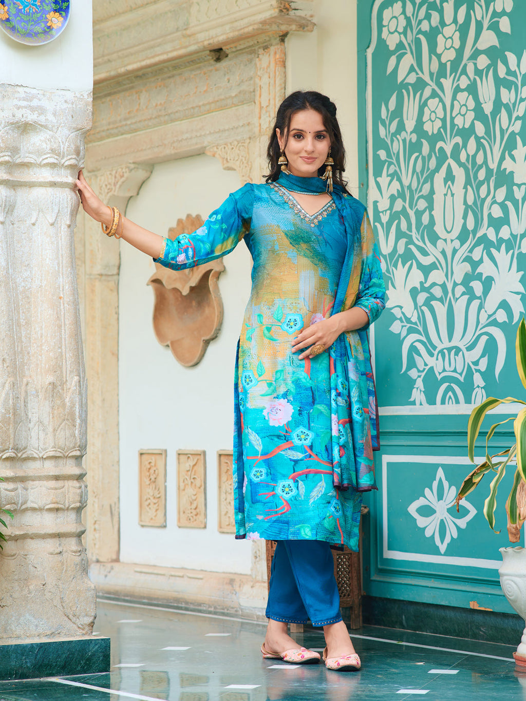 Hand Embroidered & Digital Printed Muslin Kurta With Pant & Printed Dupatta, Blue - Hiral Fashion - Distacart