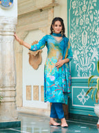 Hand Embroidered & Digital Printed Muslin Kurta With Pant & Printed Dupatta, Blue - Hiral Fashion - Distacart