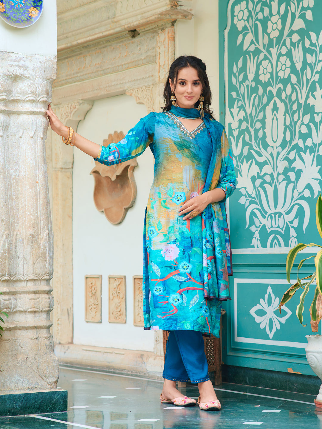 Hand Embroidered & Digital Printed Muslin Kurta With Pant & Printed Dupatta, Blue - Hiral Fashion - Distacart