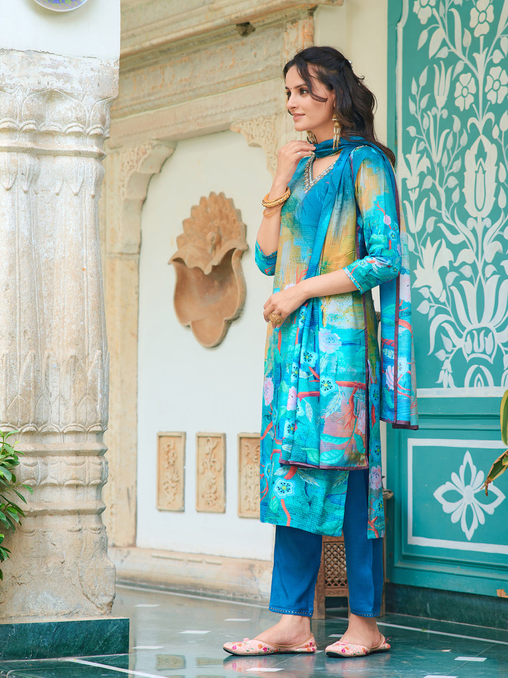 Hand Embroidered & Digital Printed Muslin Kurta With Pant & Printed Dupatta, Blue - Hiral Fashion - Distacart