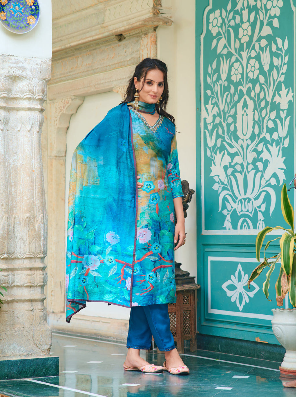 Hand Embroidered & Digital Printed Muslin Kurta With Pant & Printed Dupatta, Blue - Hiral Fashion - Distacart