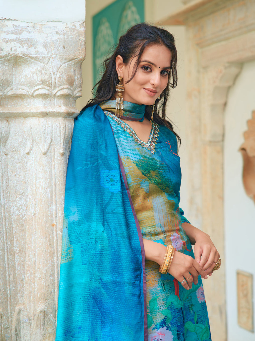Hand Embroidered & Digital Printed Muslin Kurta With Pant & Printed Dupatta, Blue - Hiral Fashion - Distacart