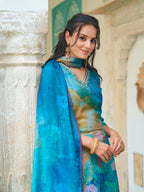 Hand Embroidered & Digital Printed Muslin Kurta With Pant & Printed Dupatta, Blue - Hiral Fashion - Distacart