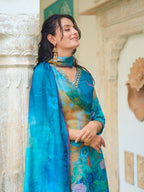 Hand Embroidered & Digital Printed Muslin Kurta With Pant & Printed Dupatta, Blue - Hiral Fashion - Distacart