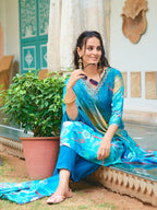 Hand Embroidered & Digital Printed Muslin Kurta With Pant & Printed Dupatta, Blue - Hiral Fashion - Distacart
