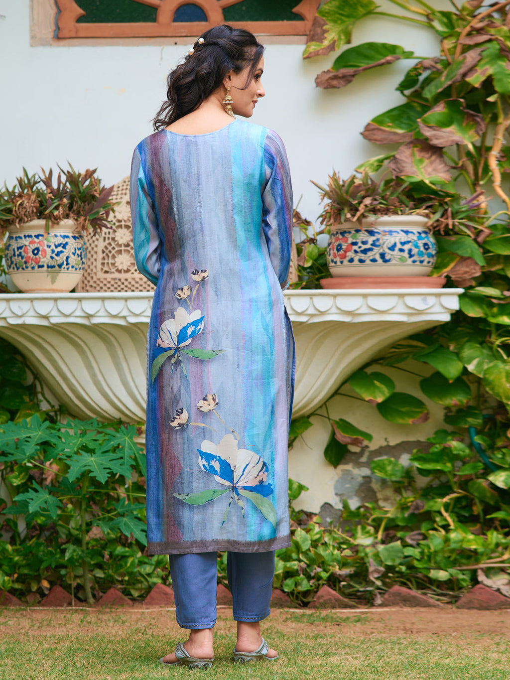 Hand Embroidered & Digital Printed Silk Kurta With Pant & Printed Dupatta, Blue - Hiral Fashion - Distacart