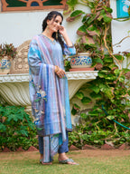 Hand Embroidered & Digital Printed Silk Kurta With Pant & Printed Dupatta, Blue - Hiral Fashion - Distacart