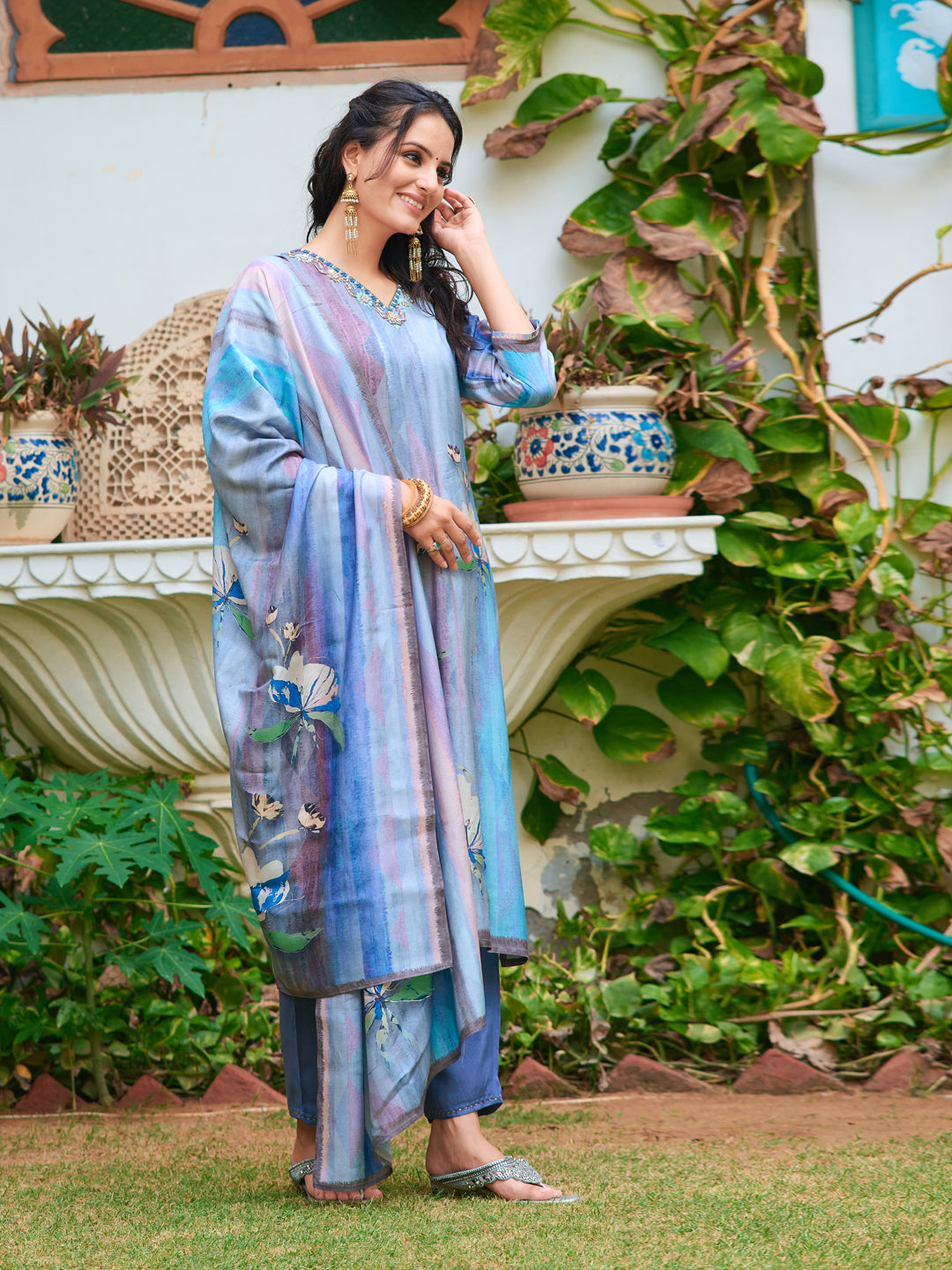 Hand Embroidered & Digital Printed Silk Kurta With Pant & Printed Dupatta, Blue - Hiral Fashion - Distacart
