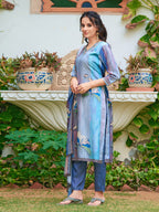 Hand Embroidered & Digital Printed Silk Kurta With Pant & Printed Dupatta, Blue - Hiral Fashion - Distacart