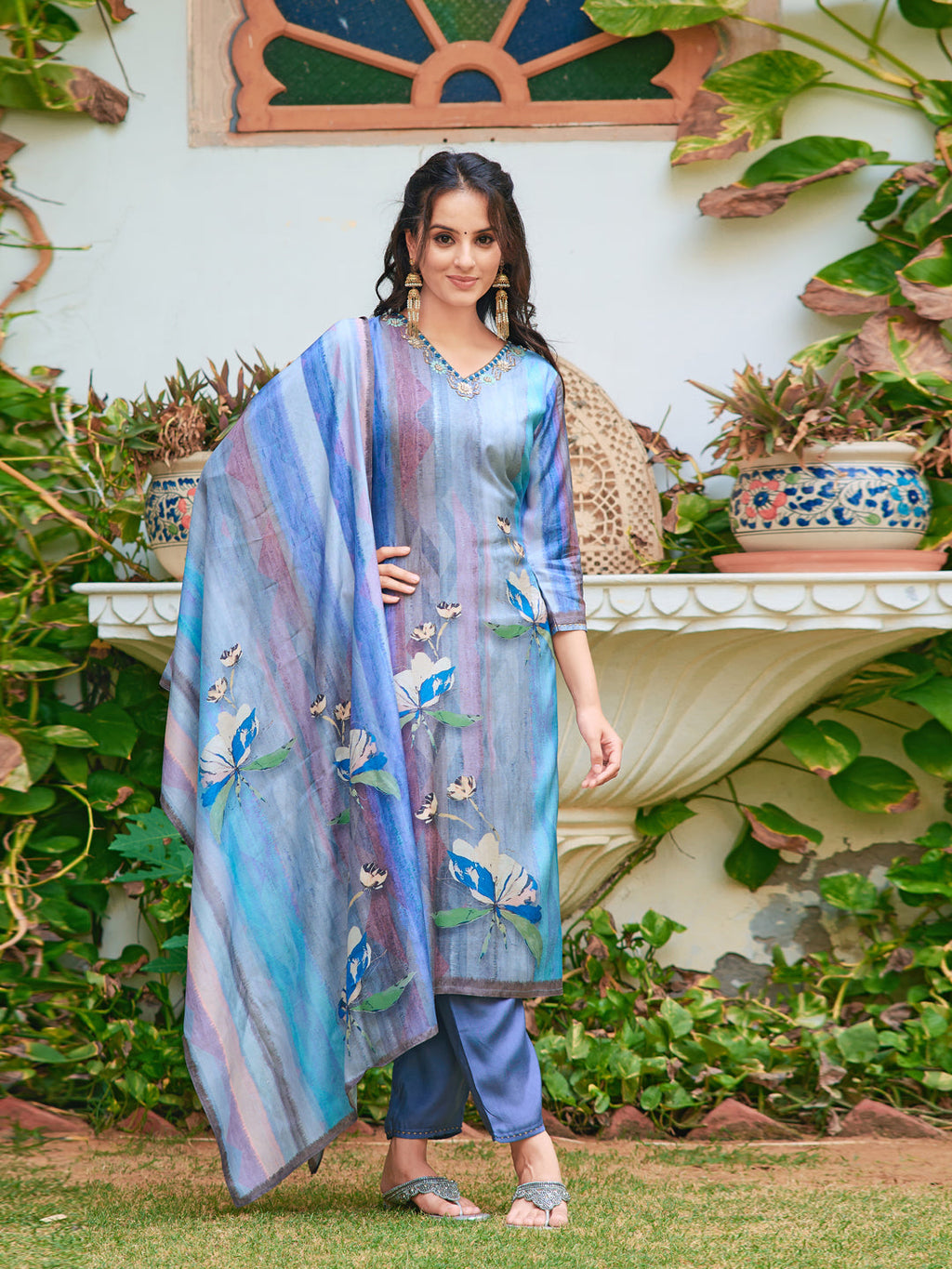 Hand Embroidered & Digital Printed Silk Kurta With Pant & Printed Dupatta, Blue - Hiral Fashion - Distacart
