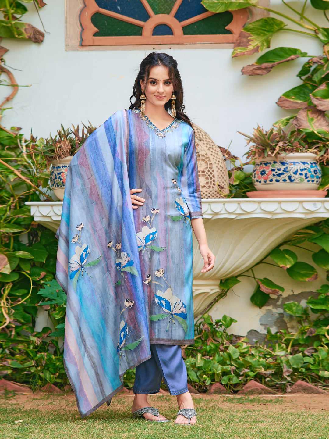 Hand Embroidered & Digital Printed Silk Kurta With Pant & Printed Dupatta, Blue - Hiral Fashion - Distacart