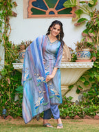 Hand Embroidered & Digital Printed Silk Kurta With Pant & Printed Dupatta, Blue - Hiral Fashion - Distacart