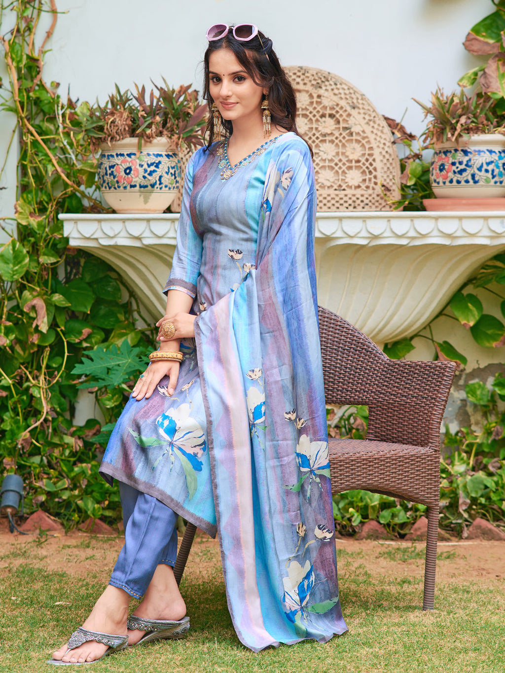 Hand Embroidered & Digital Printed Silk Kurta With Pant & Printed Dupatta, Blue - Hiral Fashion - Distacart
