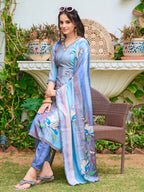 Hand Embroidered & Digital Printed Silk Kurta With Pant & Printed Dupatta, Blue - Hiral Fashion - Distacart