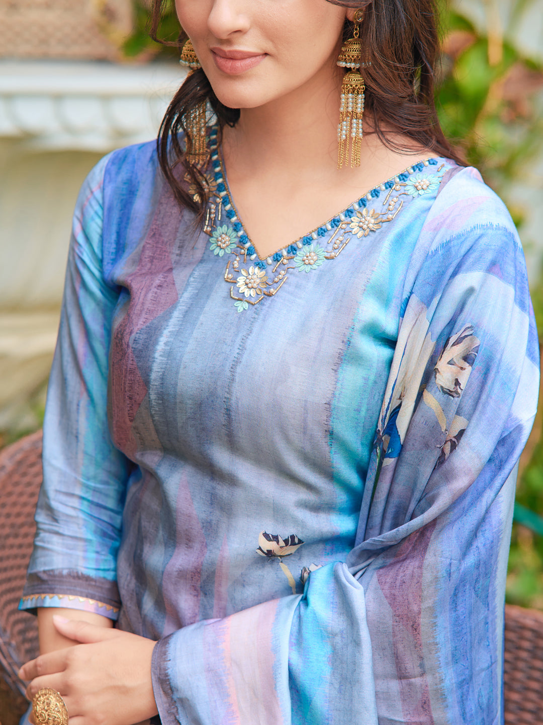 Hand Embroidered & Digital Printed Silk Kurta With Pant & Printed Dupatta, Blue - Hiral Fashion - Distacart