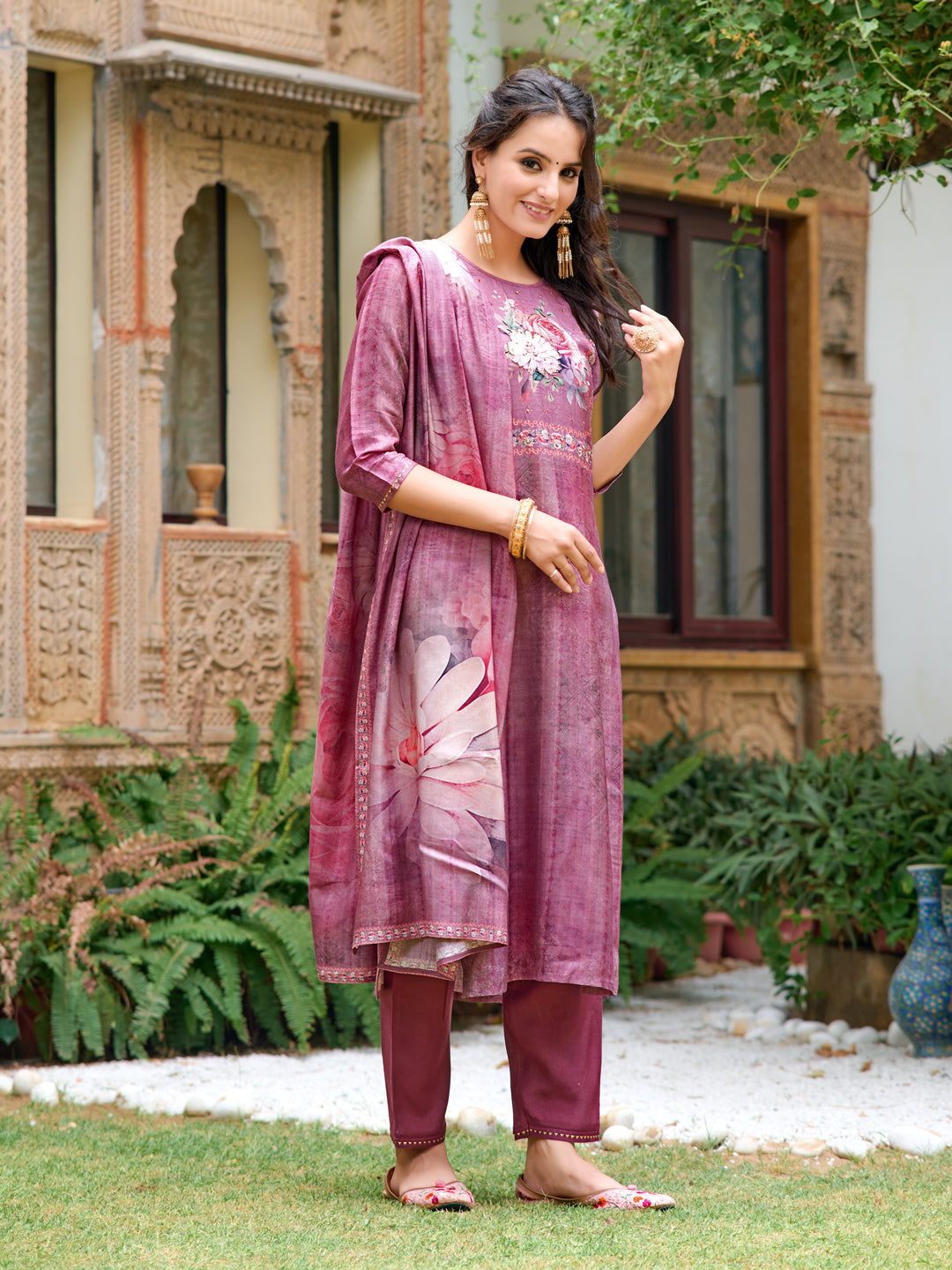 Hand Embroidered & Digital Printed Muslin Kurta With Pant & Printed Dupatta, Lavender - Hiral Fashion - Distacart