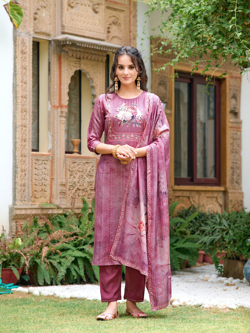 Hand Embroidered & Digital Printed Muslin Kurta With Pant & Printed Dupatta, Lavender - Hiral Fashion - Distacart