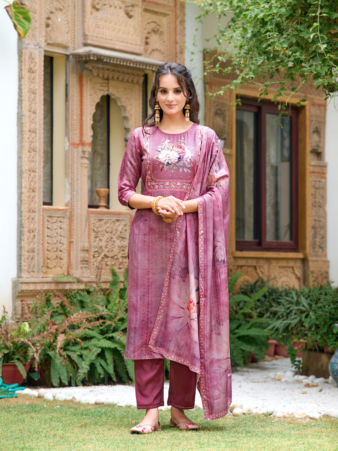 Hand Embroidered & Digital Printed Muslin Kurta With Pant & Printed Dupatta, Lavender - Hiral Fashion - Distacart