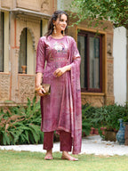 Hand Embroidered & Digital Printed Muslin Kurta With Pant & Printed Dupatta, Lavender - Hiral Fashion - Distacart