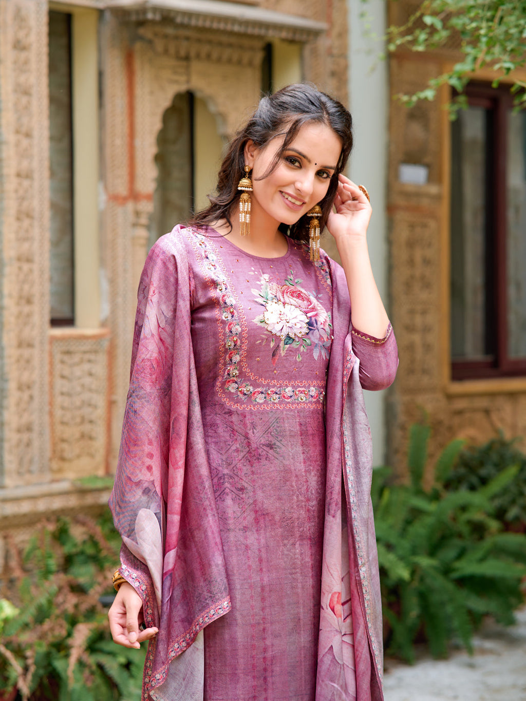 Hand Embroidered & Digital Printed Muslin Kurta With Pant & Printed Dupatta, Lavender - Hiral Fashion - Distacart