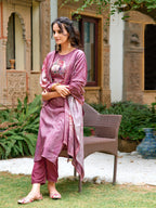 Hand Embroidered & Digital Printed Muslin Kurta With Pant & Printed Dupatta, Lavender - Hiral Fashion - Distacart