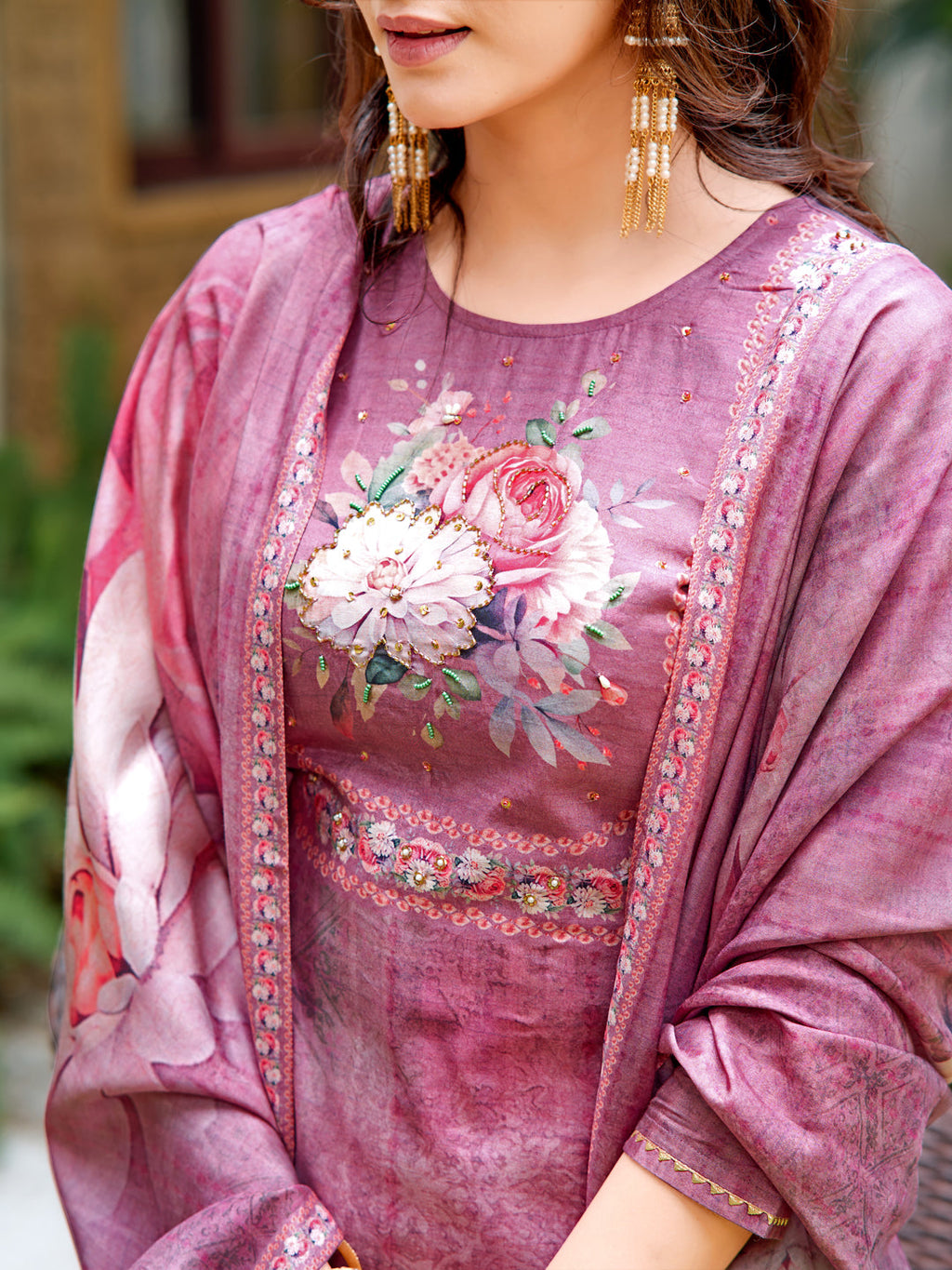 Hand Embroidered & Digital Printed Muslin Kurta With Pant & Printed Dupatta, Lavender - Hiral Fashion - Distacart