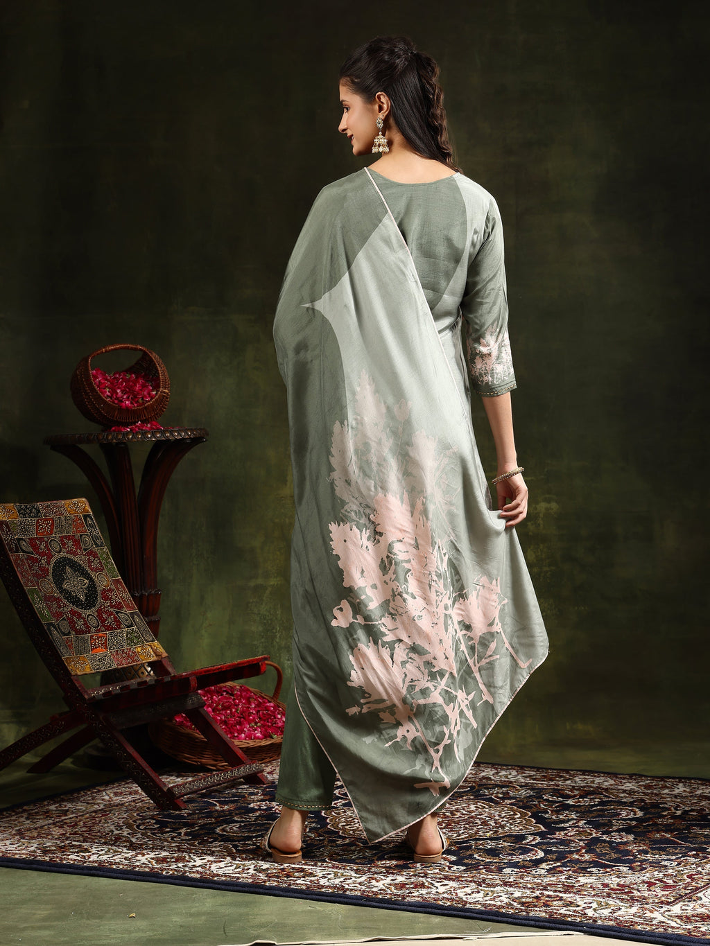 Hand Embroidered & Digital Printed Muslin Kurta With Pant & Printed Dupatta, Green - Hiral Fashion - Distacart