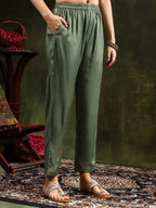 Hand Embroidered & Digital Printed Muslin Kurta With Pant & Printed Dupatta, Green - Hiral Fashion - Distacart