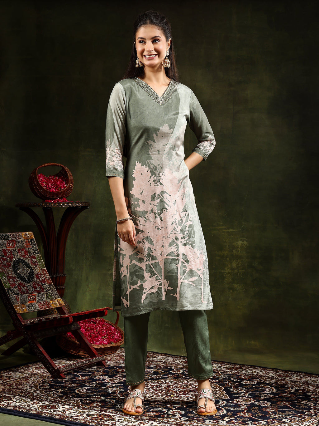 Hand Embroidered & Digital Printed Muslin Kurta With Pant & Printed Dupatta, Green - Hiral Fashion - Distacart