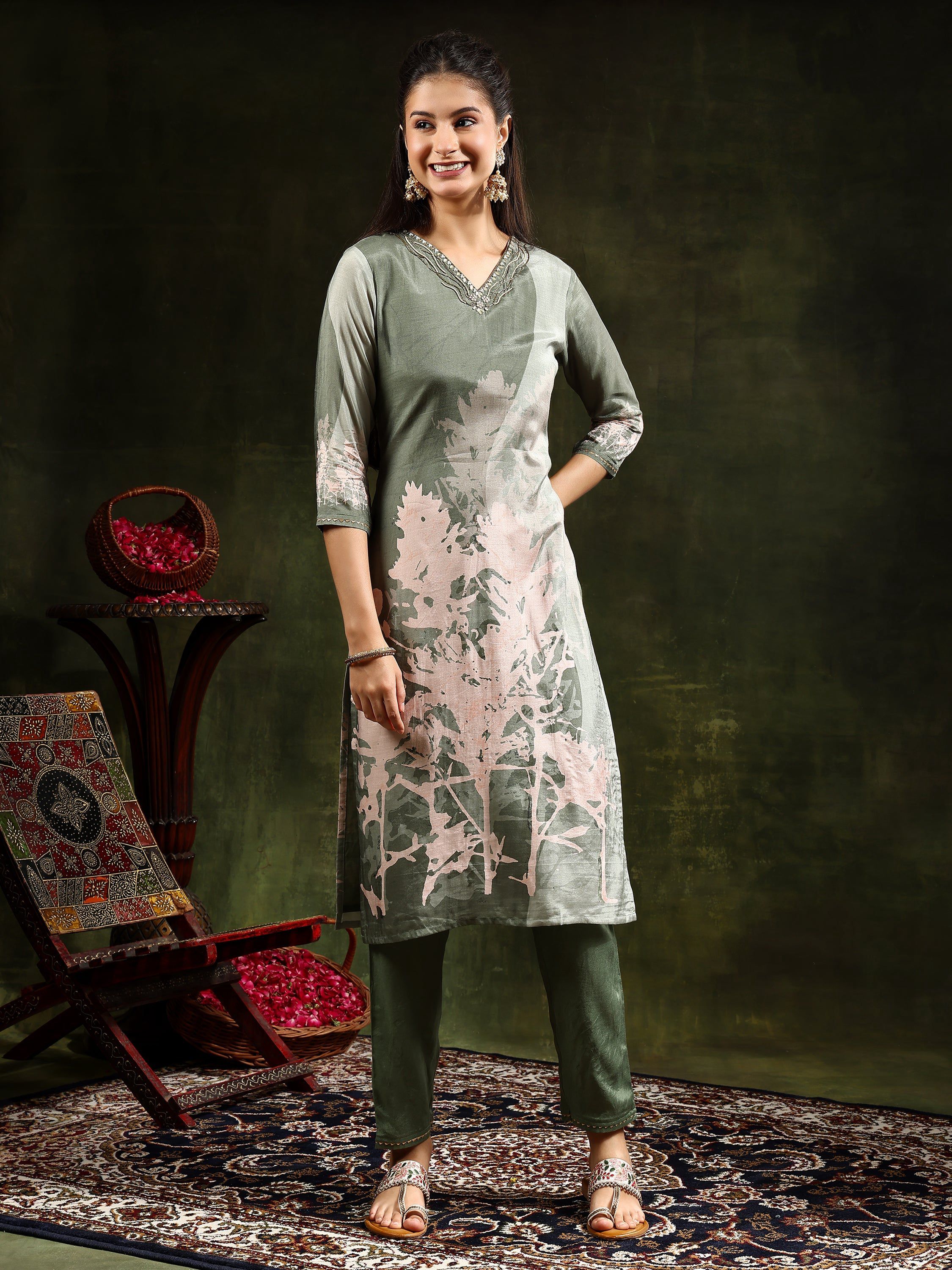 Hand Embroidered & Digital Printed Muslin Kurta With Pant & Printed Dupatta, Green - Hiral Fashion - Distacart