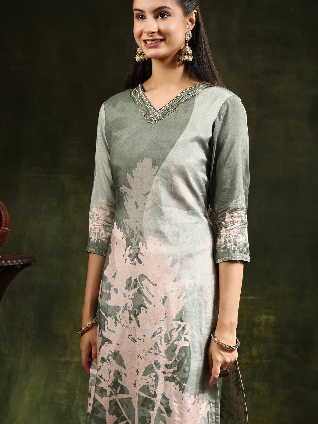Hand Embroidered & Digital Printed Muslin Kurta With Pant & Printed Dupatta, Green - Hiral Fashion - Distacart