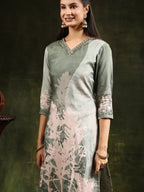 Hand Embroidered & Digital Printed Muslin Kurta With Pant & Printed Dupatta, Green - Hiral Fashion - Distacart