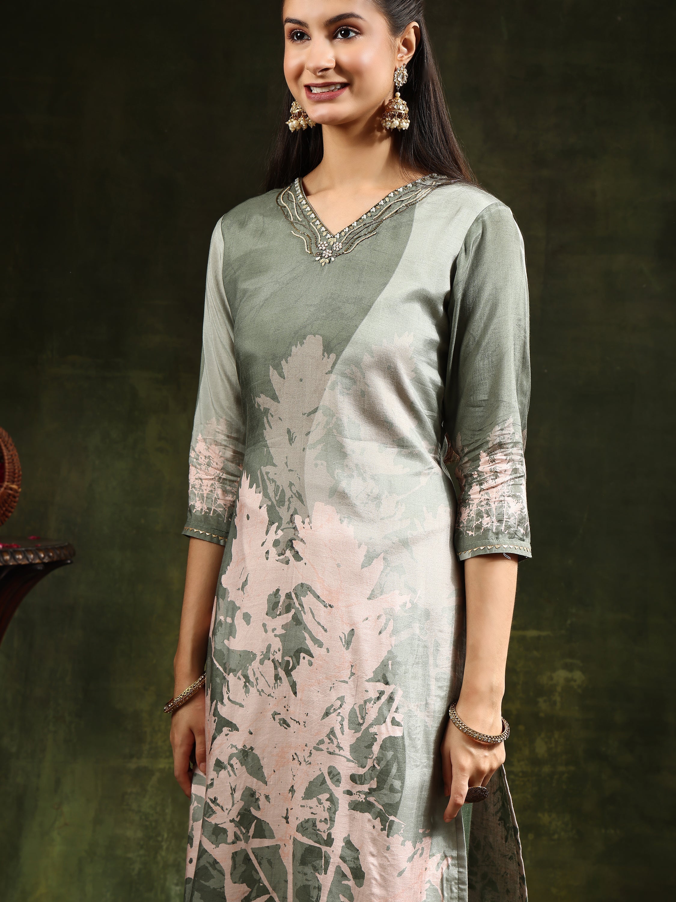 Hand Embroidered & Digital Printed Muslin Kurta With Pant & Printed Dupatta, Green - Hiral Fashion - Distacart