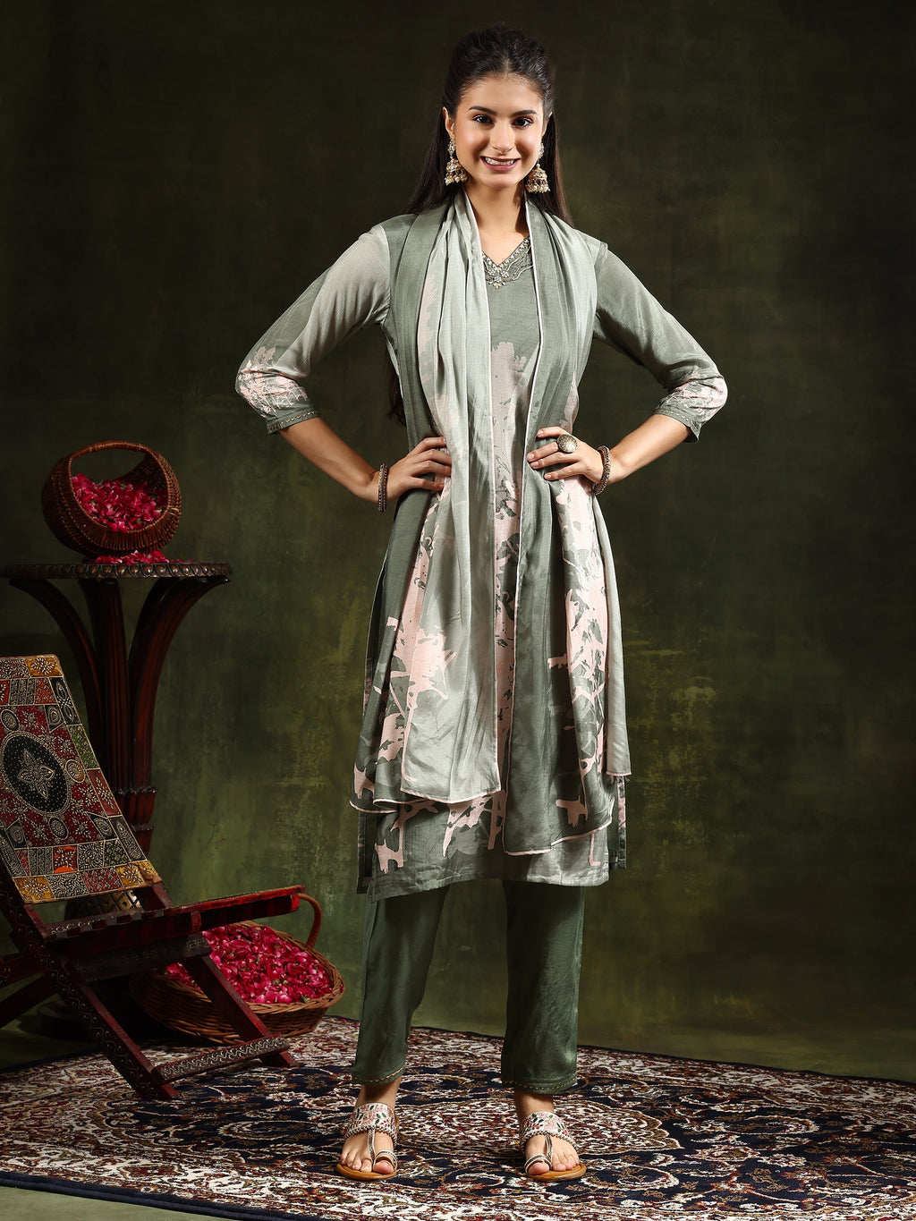 Hand Embroidered & Digital Printed Muslin Kurta With Pant & Printed Dupatta, Green - Hiral Fashion - Distacart