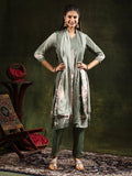 Hand Embroidered & Digital Printed Muslin Kurta With Pant & Printed Dupatta, Green - Hiral Fashion - Distacart