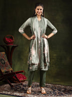 Hand Embroidered & Digital Printed Muslin Kurta With Pant & Printed Dupatta, Green - Hiral Fashion - Distacart