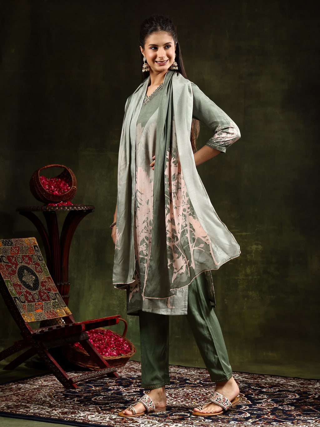 Hand Embroidered & Digital Printed Muslin Kurta With Pant & Printed Dupatta, Green - Hiral Fashion - Distacart
