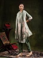 Hand Embroidered & Digital Printed Muslin Kurta With Pant & Printed Dupatta, Green - Hiral Fashion - Distacart