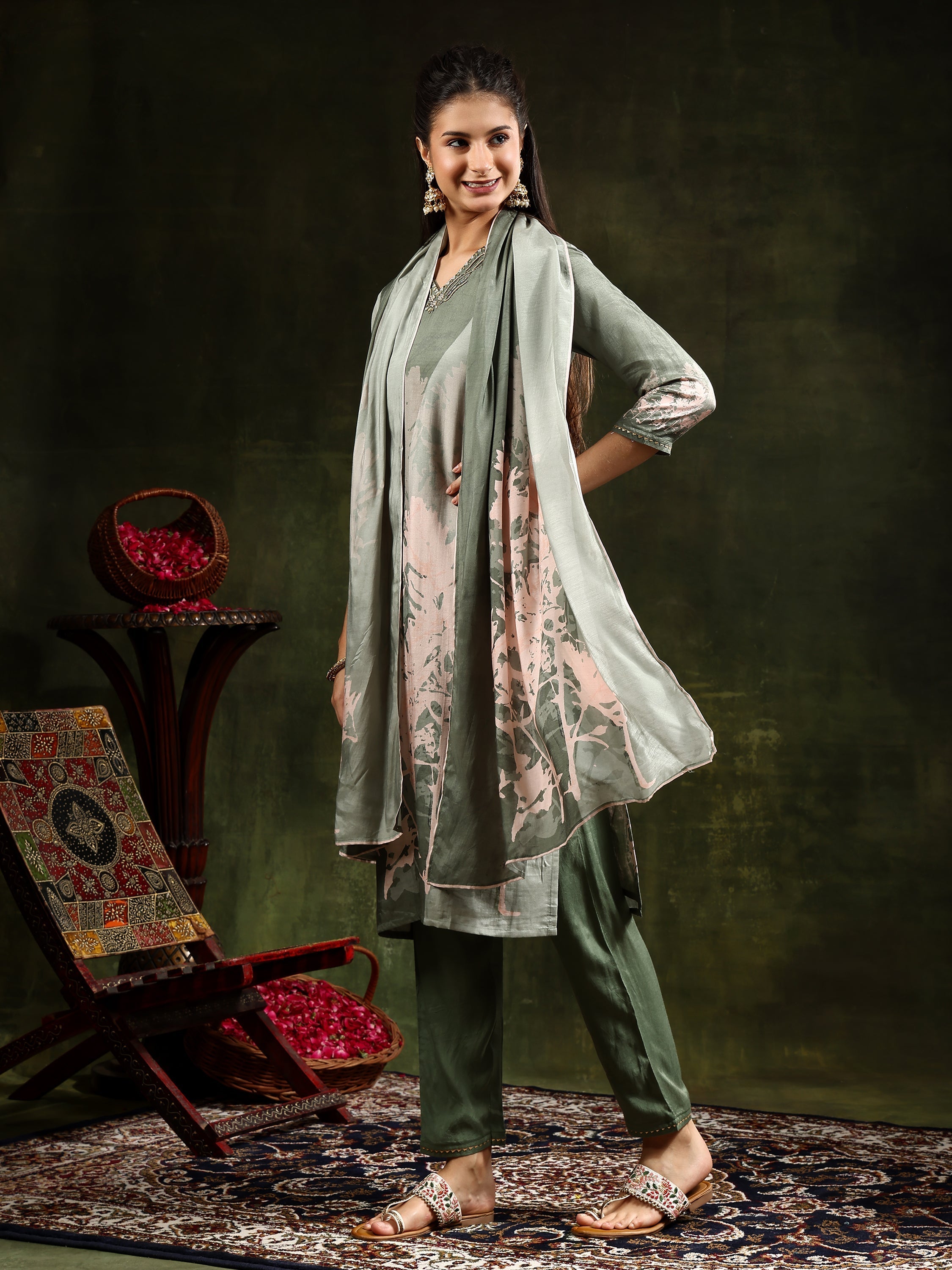 Hand Embroidered & Digital Printed Muslin Kurta With Pant & Printed Dupatta, Green - Hiral Fashion - Distacart
