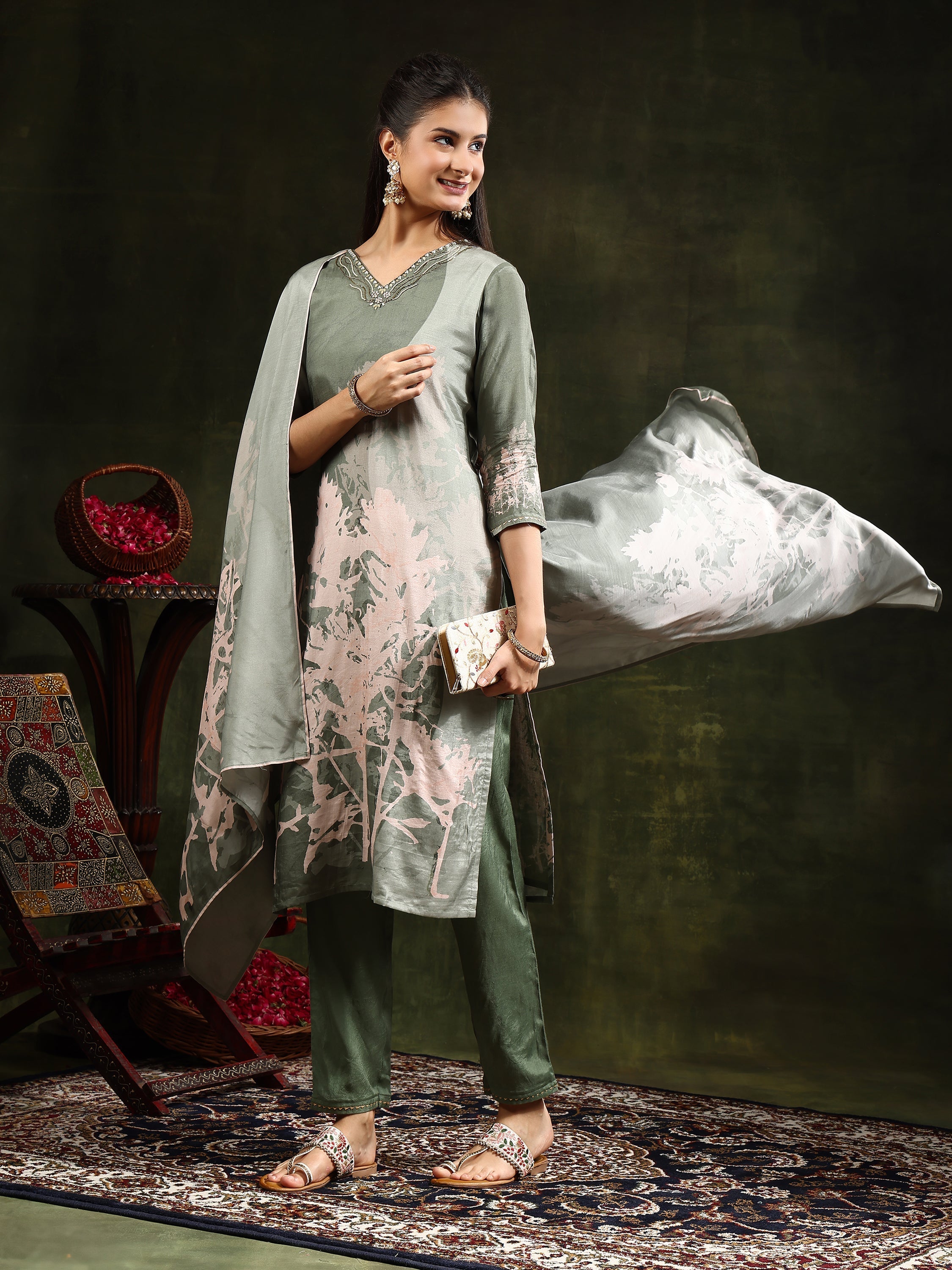 Hand Embroidered & Digital Printed Muslin Kurta With Pant & Printed Dupatta, Green - Hiral Fashion - Distacart