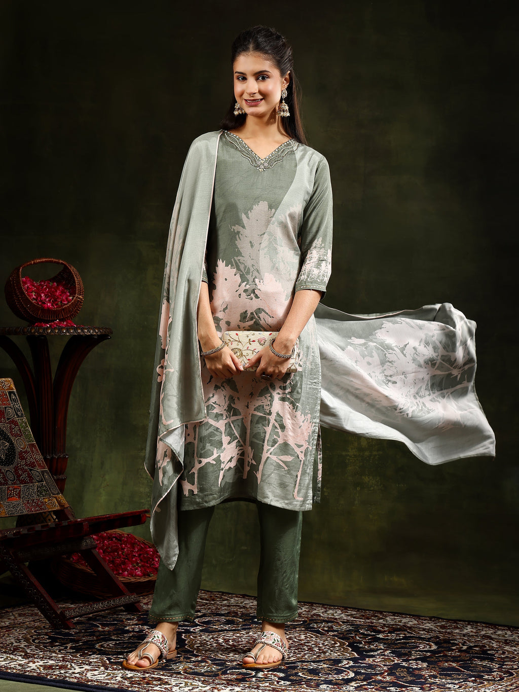 Hand Embroidered & Digital Printed Muslin Kurta With Pant & Printed Dupatta, Green - Hiral Fashion - Distacart