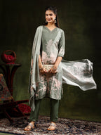 Hand Embroidered & Digital Printed Muslin Kurta With Pant & Printed Dupatta, Green - Hiral Fashion - Distacart