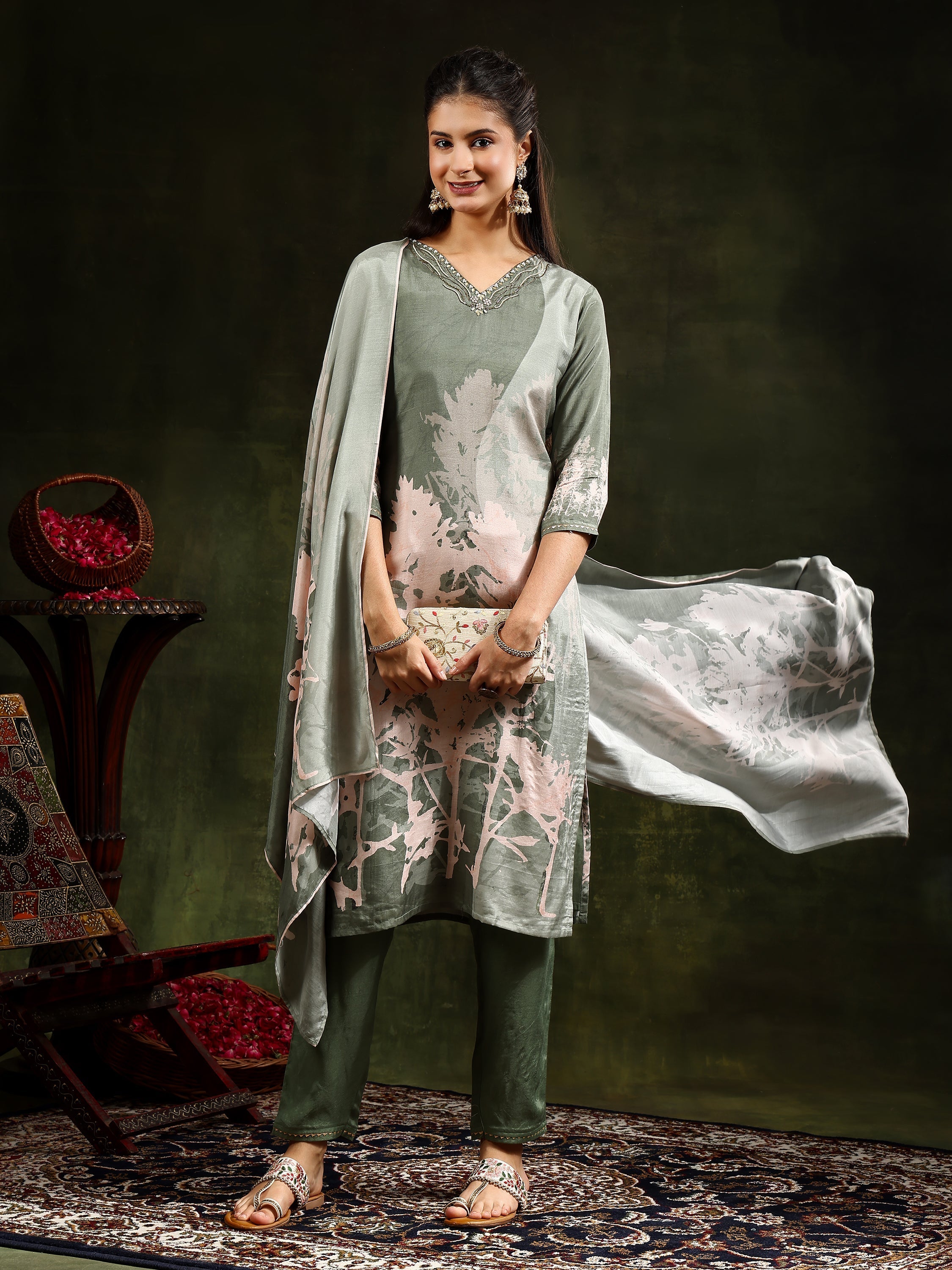 Hand Embroidered & Digital Printed Muslin Kurta With Pant & Printed Dupatta, Green - Hiral Fashion - Distacart