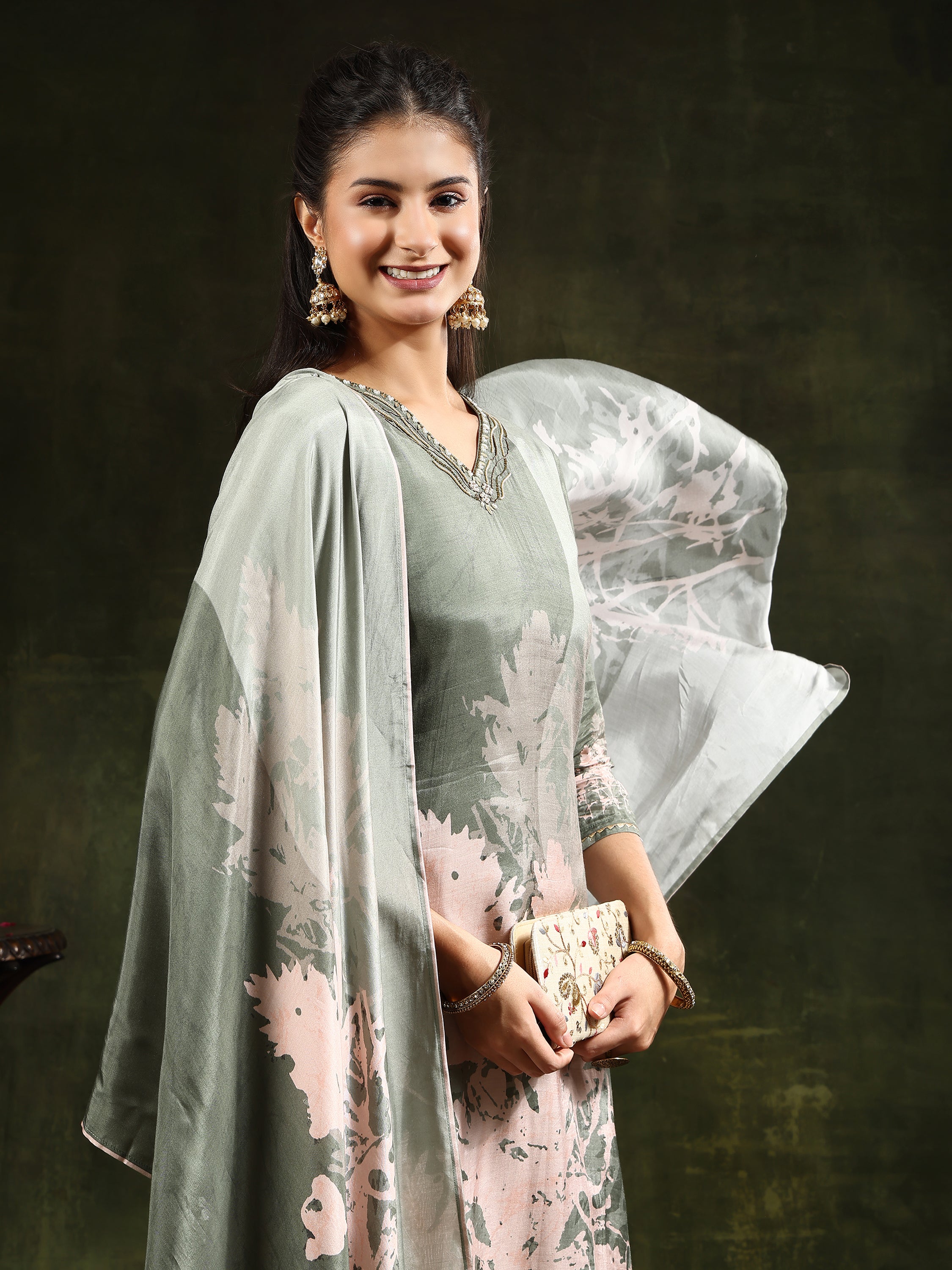 Hand Embroidered & Digital Printed Muslin Kurta With Pant & Printed Dupatta, Green - Hiral Fashion - Distacart